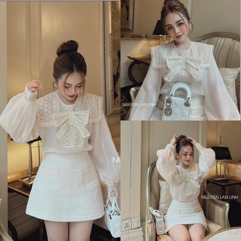 Đầm phối sơ mi tơ chạy ren cổ đức mix chân váy trắng