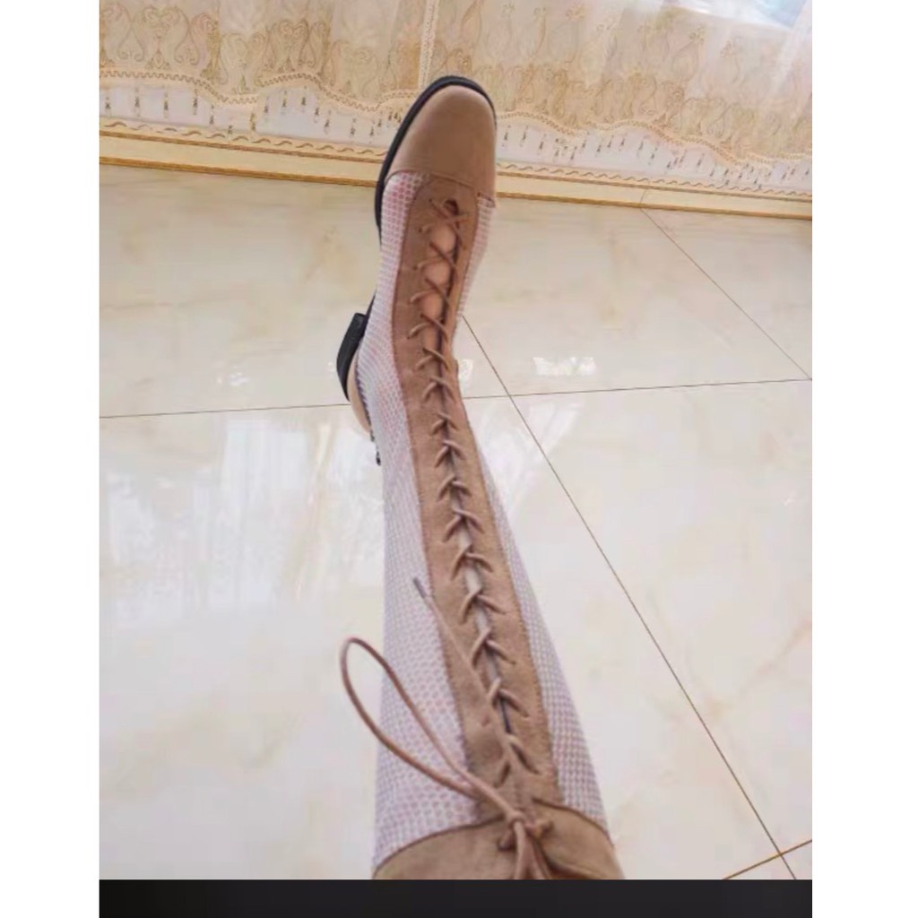 Boots lưới đế 6,5cm dáng dài phối da lộn hot hit gót vuông