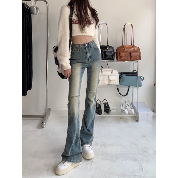 Quần loe xanh mài trắng