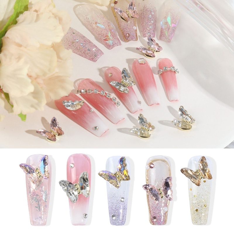 Set 5 Phụ Kiện Đính Trang Trí Móng Tay Hình Bướm &amp; Kính Cường Lực
