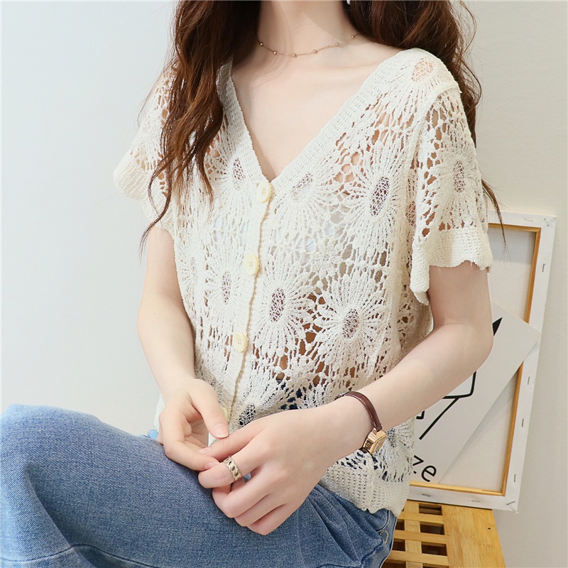 Áo Kiểu Tay Ngắn Cổ Chữ v Thiết Kế Mỏng Thời Trang Mùa Hè Theo Phong Cách Hàn Quốc