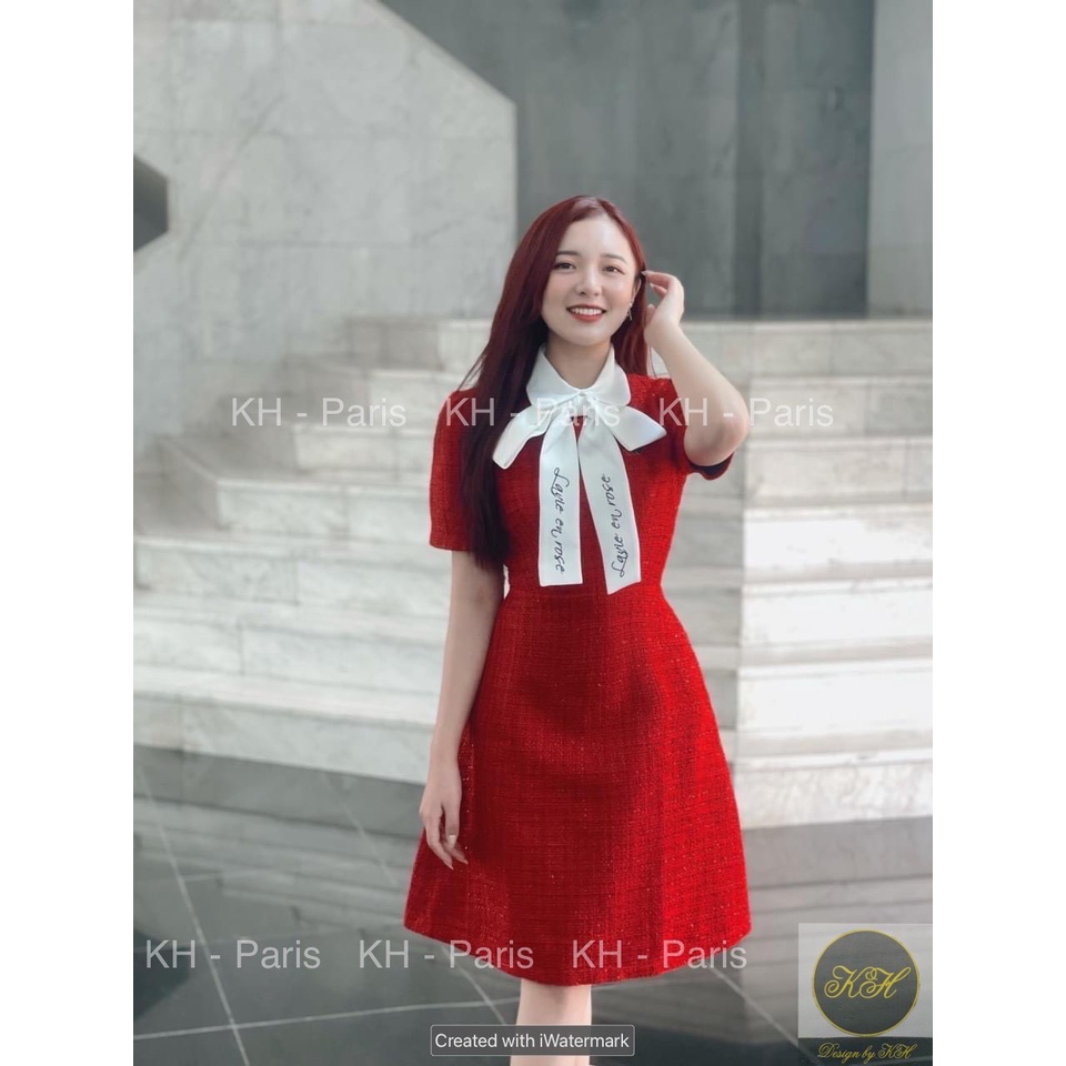 Đầm Dạ Cổ Phối Dây Nơ Trắng - D23084