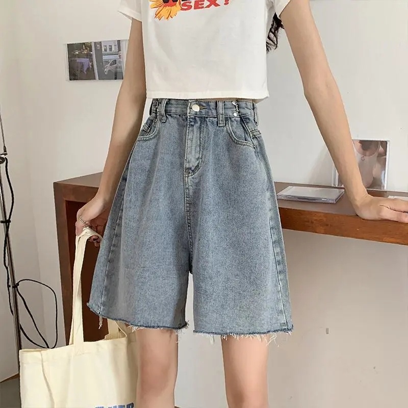 Quần Short Denim Lưng Cao Ống Rộng Phong Cách Hàn Quốc Dành Cho Nữ