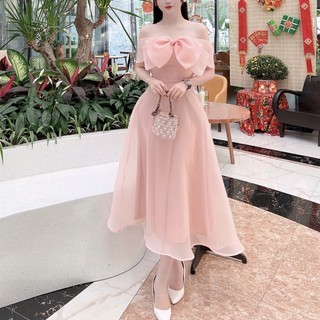 Váy trễ vai nơ ngực 4 tầng