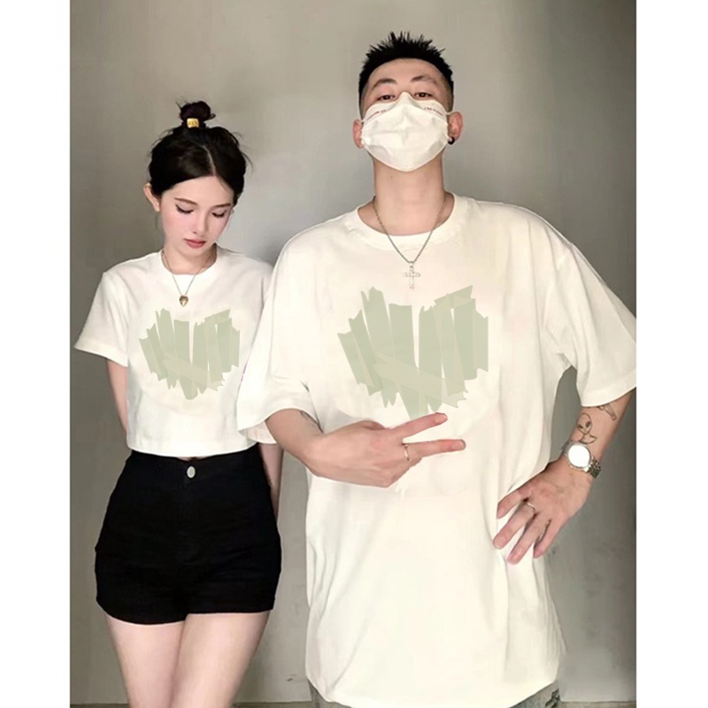 Áo thun IHKKE dáng dài/ dáng ngắn tay ngắn đen/ trắng họa tiết trái tim phong cách Hàn Quốc thời trang dành cho cặp đôi