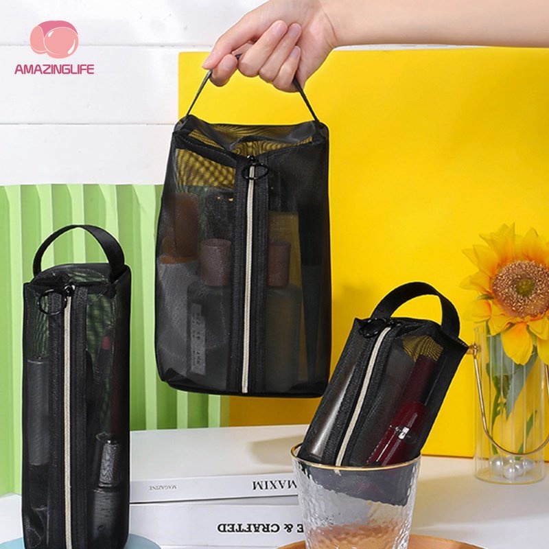 Túi Lưới Đựng Mỹ Phẩm / Đồ Vệ Sinh Cá Nhân Màu Đen Có Tay Cầm Và Khóa Kéo Kích Thước Nhỏ Gọn Tiện Dụng Cho Gia Đình / Đi Du