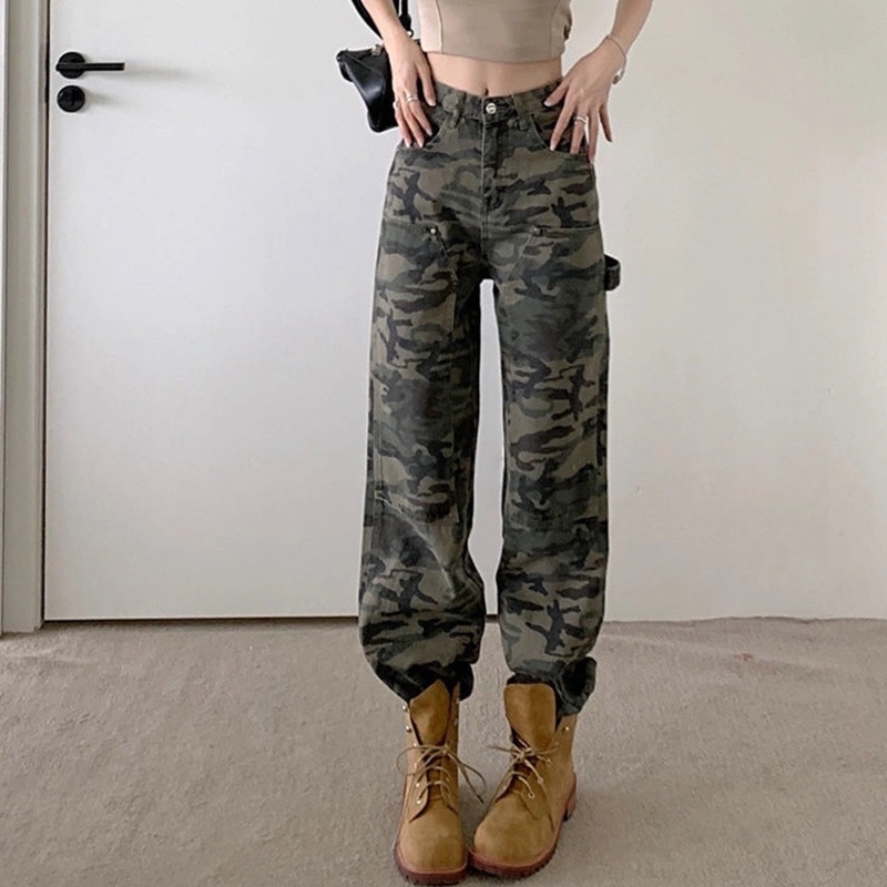 IELGY   Quần jeans Họa Tiết Rằn Ri Phong Cách retro Mỹ