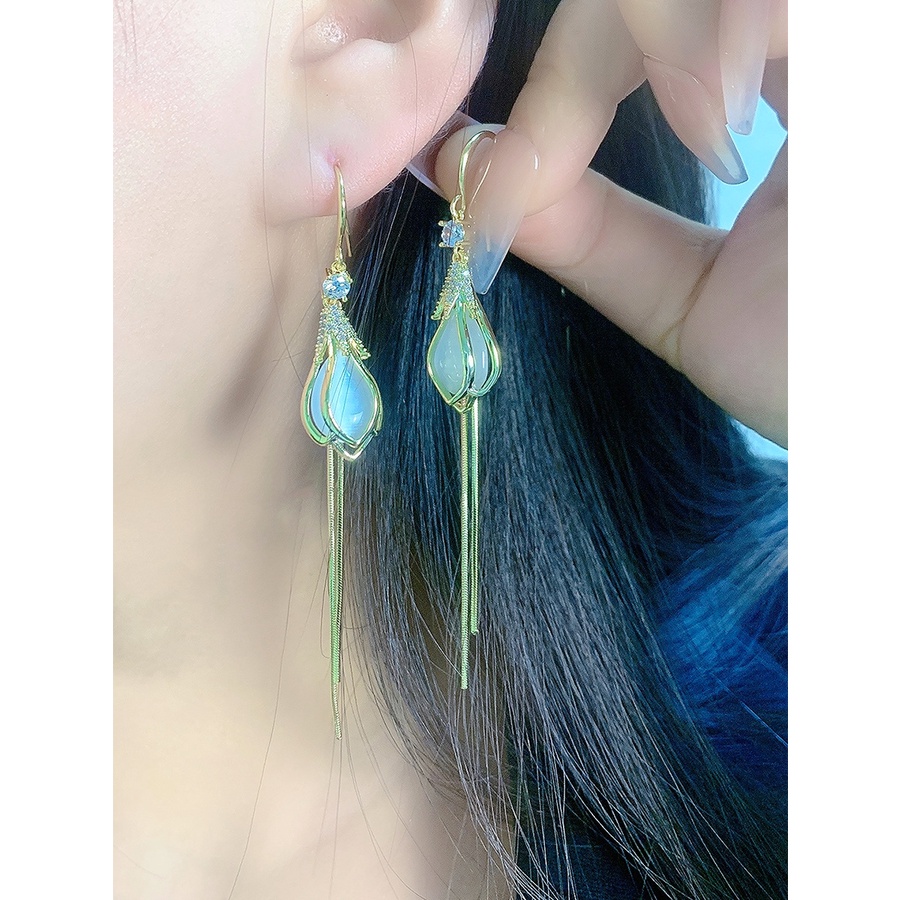 Bông Tai Dài Đính Đá Opal Cao Cấp Thời Trang Dành Cho Nữ