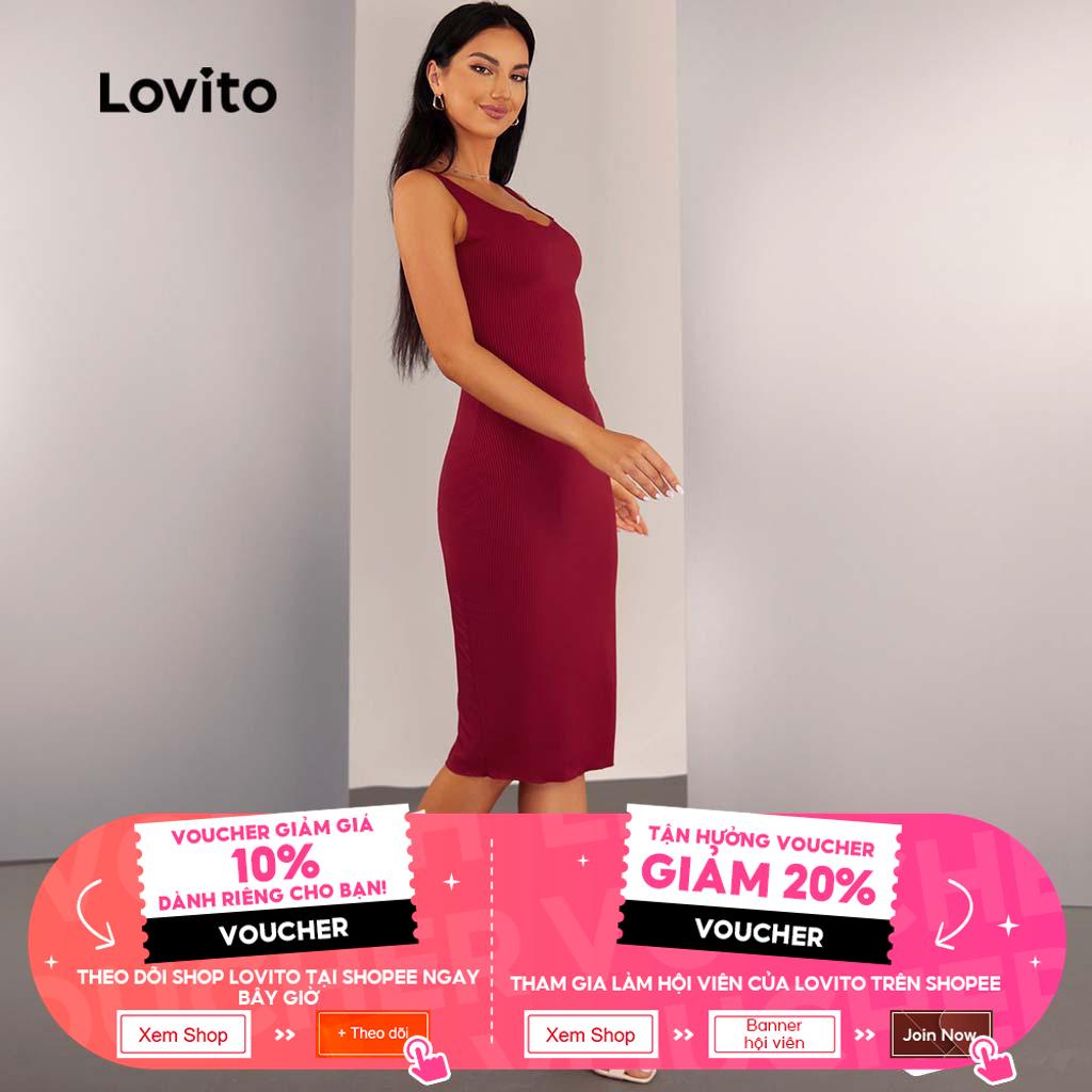 (Hàng có sẵn) Lovito Đầm Dệt Kim Không Tay Cổ Chữ V Màu Đỏ Thanh Lịch L20D1550