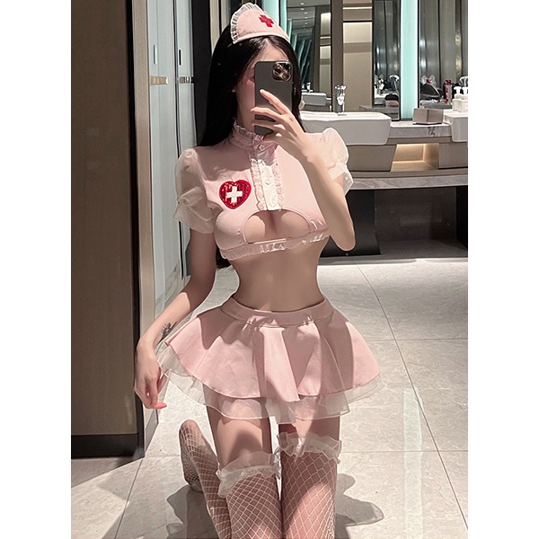 Cosplay y tá hồng hở ngực phối ren lưới đáng yêu cao cấp váy xếp ly áo croptop kèm quần lọt khe sexy dễ thương N757 | BigBuy360 - bigbuy360.vn