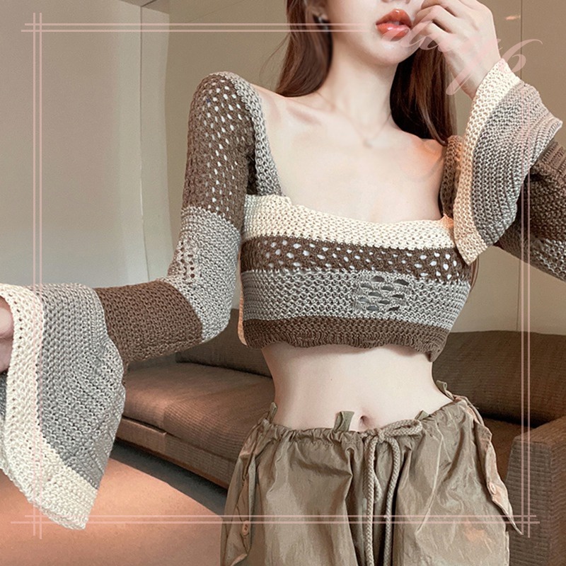 Áo Dệt Kim Tay Loe Ngắn Cổ Vuông Gợi Cảm Chống Nắng Phong Cách Hàn Quốc Cho Nữ