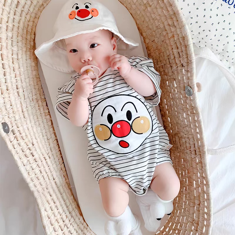 Bộ Áo Liền Quần Tay Ngắn Họa Tiết Hoạt Hình Kẻ Sọc Thời Trang Mùa Hè Cho Bé Sơ Sinh