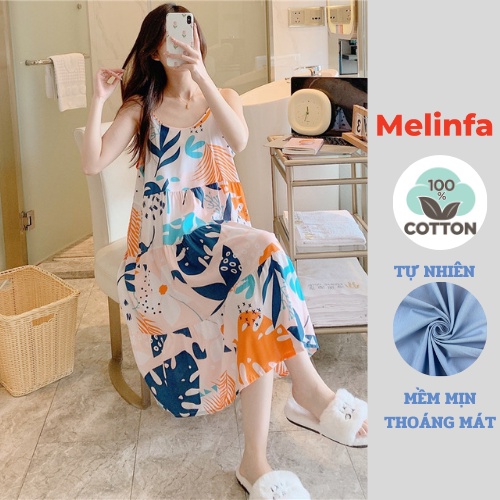Váy ngủ hai dây nữ vải Cotton lanh lụa mềm mịn thoáng mát, đầm ngủ mặc nhà nữ suông rộng mã V0278