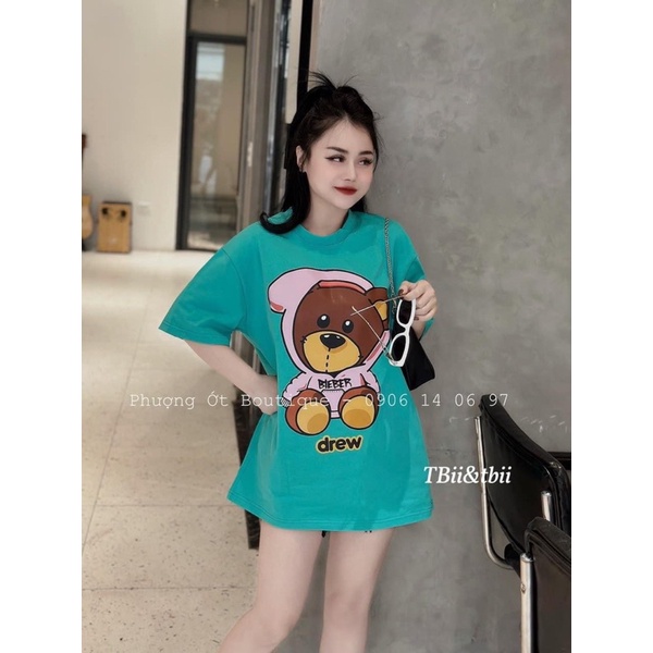 Áo phông dáng rộng hình gấu chất cotton khô Mã 658