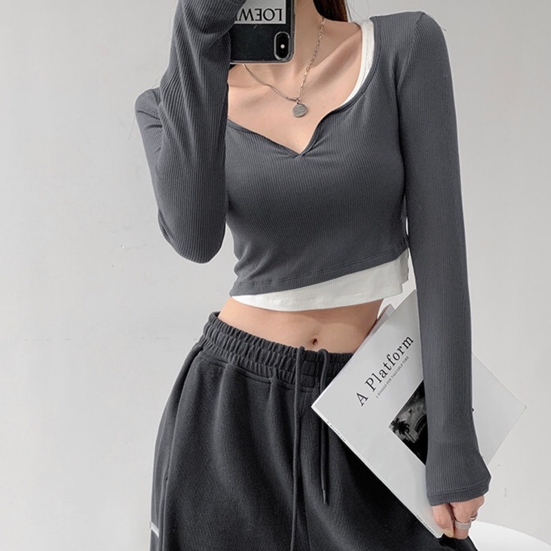 Áo Thun Tay Dài Giả Hai Lớp Màu Sắc Tương Phản Phong Cách Hàn Quốc