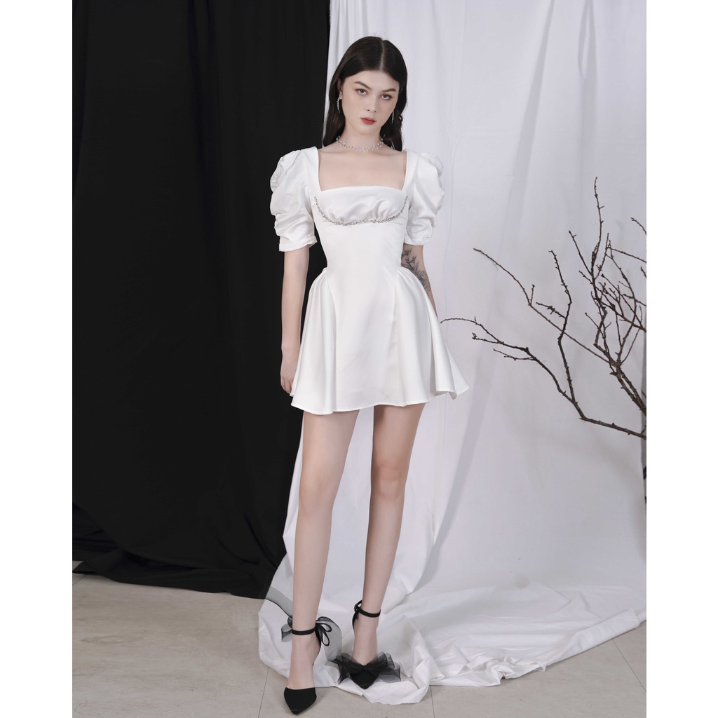 GOÛT DE JUN - Đầm nữ thiết tay cổ vuông đính đá sang trọng - VANIEE DRESS