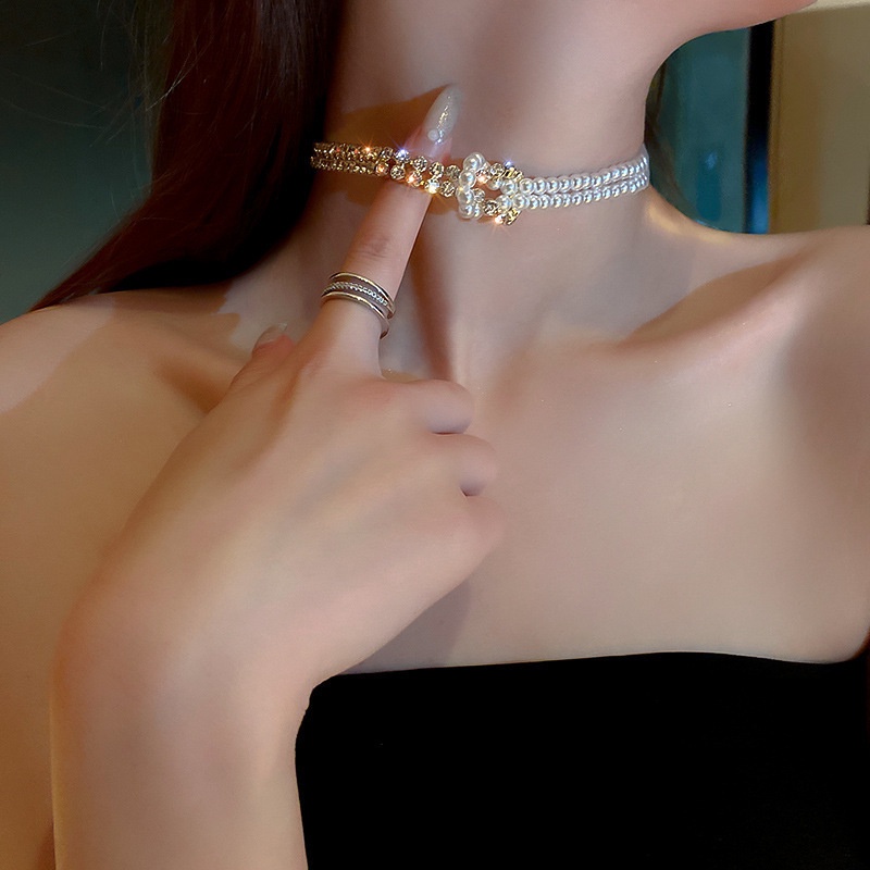 Vòng Cổ Choker Ngắn Đính Hạt Ngọc Trai Và Kim Cương Giả Phong Cách Hàn Quốc