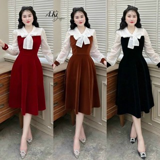 Váy đầm nữ tiểu thư tay dài thắt nơ cổ sang chảnh 3 màu y hình