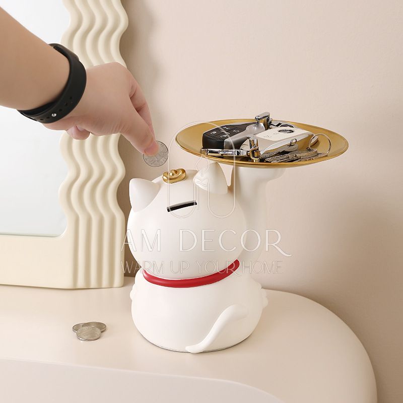Mèo Thần Tài bưng khay heo đất tiết kiệm trang trí nhà cửa sang trọng quà tặng khai trương - AM Decor
