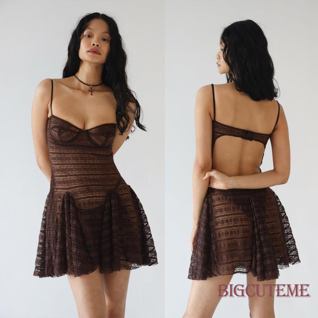 Đầm Ngắn Hai Dây Cổ Chữ V Hở Lưng Phối Ren Quyến Rũ Dành Cho Nữ