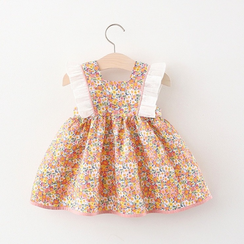 Đầm công chúa hai dây vải cotton in hoa đính nơ thời trang mùa hè xinh xắn dành cho bé gái