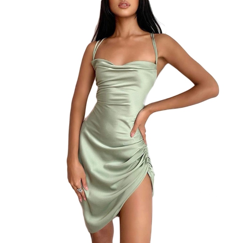 Xiangbao Đầm Mini Sát Nách Dây Rút Hở Lưng Bằng Satin Gợi Cảm Cho Nữ