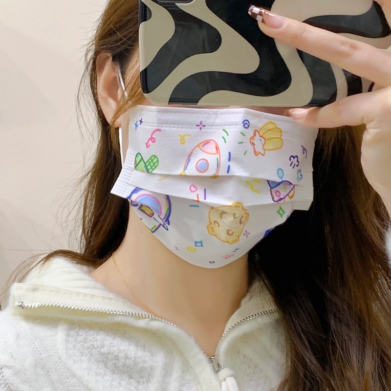 Set 10 / 30 / 50 Khẩu Trang 3 Lớp Họa Tiết Phi Hành Gia Dễ Thương Dành Cho Nam Và Nữ