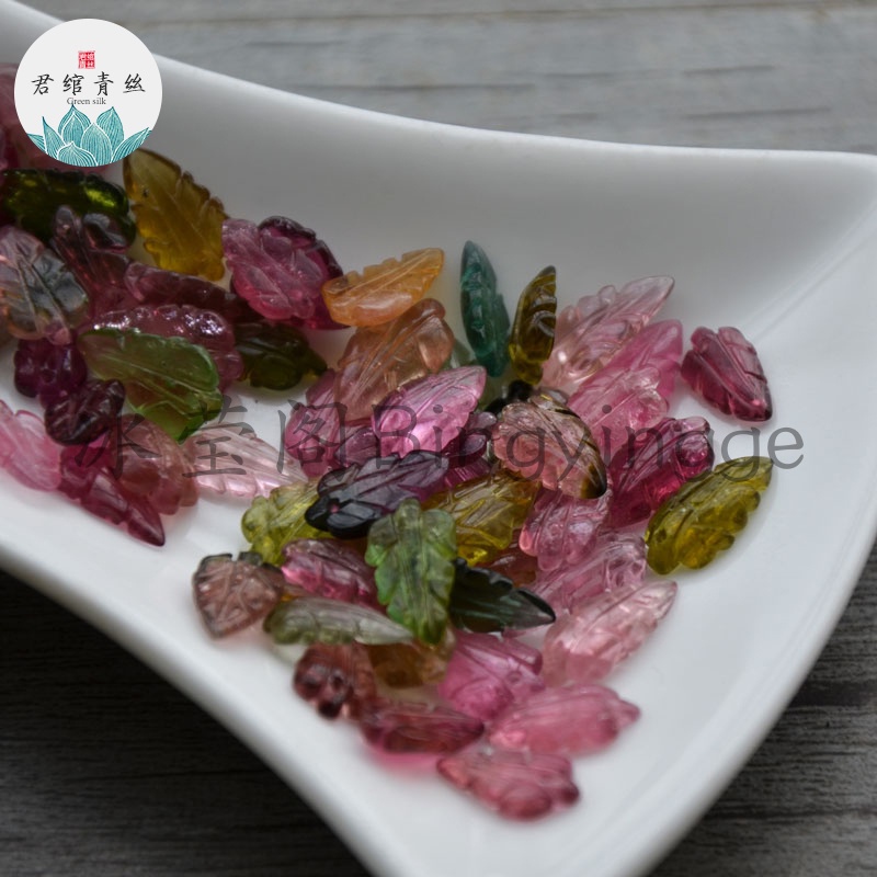 Bingyingge Pha lê tourmaline tự nhiên nguyên chất chạm khắc bằng tay lá rơi rời hạt tự làm chất liệu Hanfu phụ kiện DIY