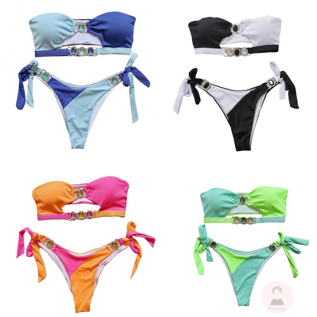 Bộ Đồ Bơi Không Dây Đính Đá Màu Sắc Tương Phản Cho Nữ