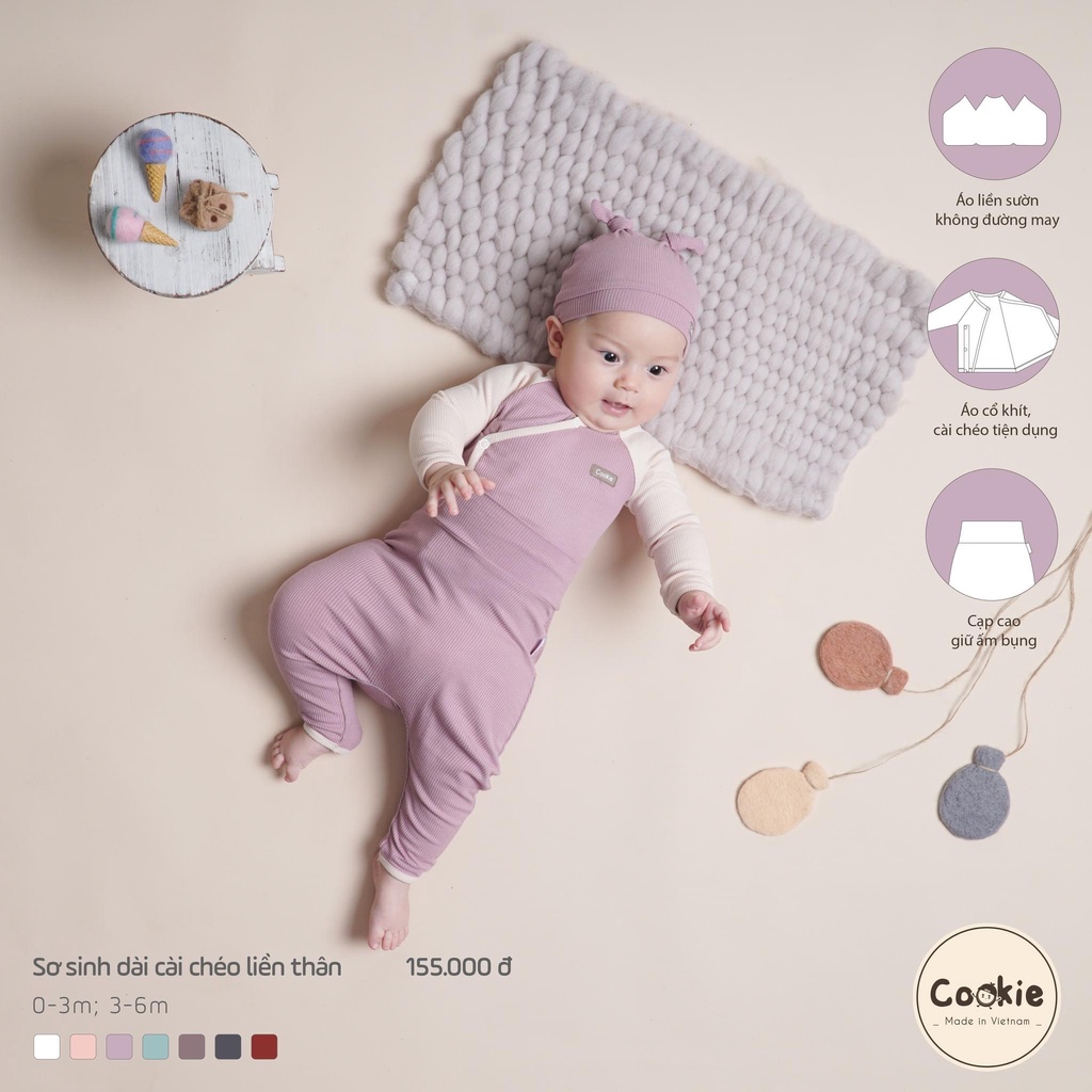 Bộ quần áo dài tay Cookie sơ sinh cài chéo phối tay sữa 0-6 tháng ( form bé )