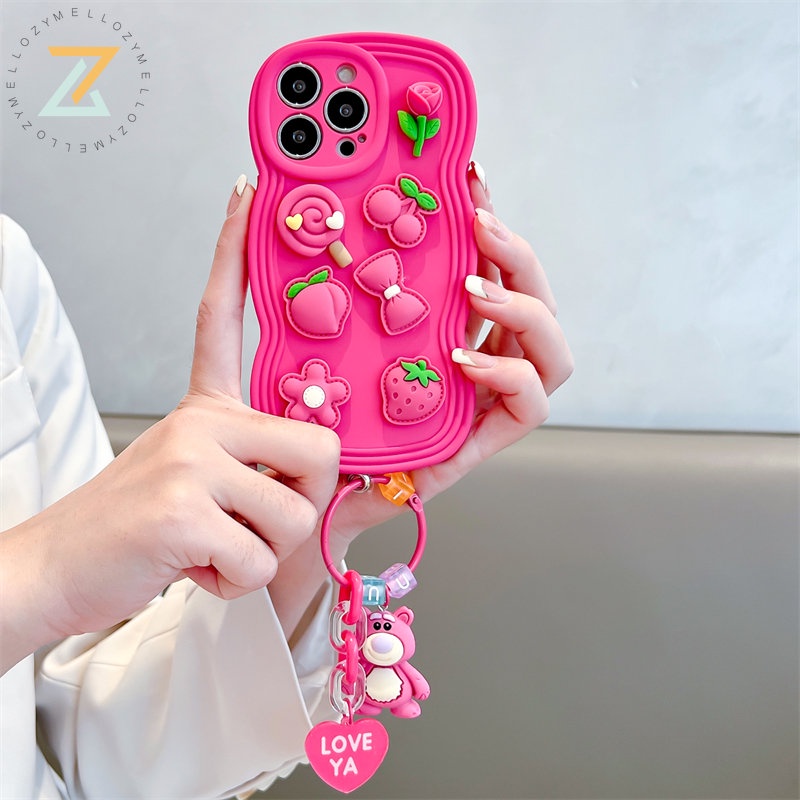 OPPO Reno 8T 5G Reno 8T 4G Reno 8Z 5G Reno 7Z 5G Reno 8 5G Reno 6 5G Reno 5 5G Narzo-50 Mặt dây chuyền hình gấu dâu dễ thương Big Wave Vỏ điện thoại silicon