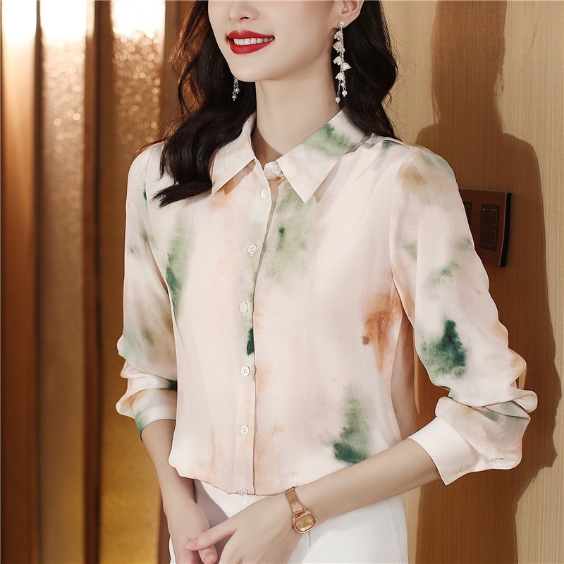 Áo Sơ Mi Lụa Tay Dài Cổ Lá Sen Màu Nước Xanh Lá Trong Suốt Thời Trang Xuân Hè Cao Cấp FF