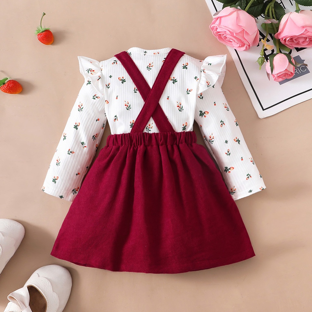 Bộ Váy Cho Bé Mikroo Baju Cho Bé Gái 0-24 Tháng 2PICS Cotton-Polyester Phối Vải In Hoa Body + Đầm Công Chúa Màu Đỏ Trơn Mặc Thường Ngày