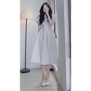 Đầm dự tiệc đầm gấm tay bồng đính nút dáng dài ozal dress - d0673
