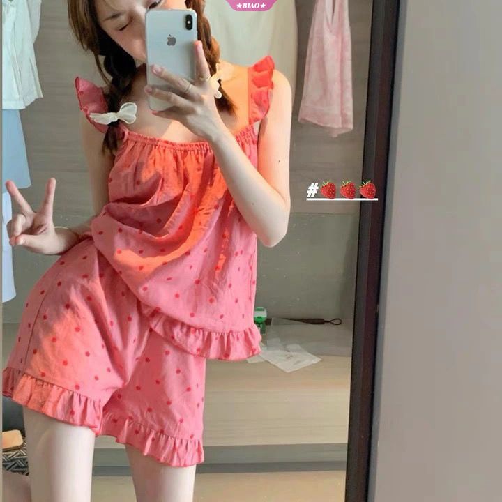 Bộ Đồ Ngủ Áo Tay Ngắn Và Quần Ngắn Họa Tiết Chấm Bi Phong Cách Nhật Bản Dành Cho Nữ