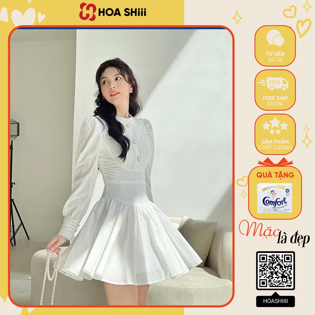 Váy Thiết Kế Trắng Xếp Ly Ngực Phối Ren Khuy Ngọc Hàng 2 Lớp Siêu Xinh Có Ảnh Thật