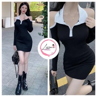 Đầm body đầm tay dài khoét vai cổ sơ mi trắng xinh xắn 067 (Giá sỉ) Lissa