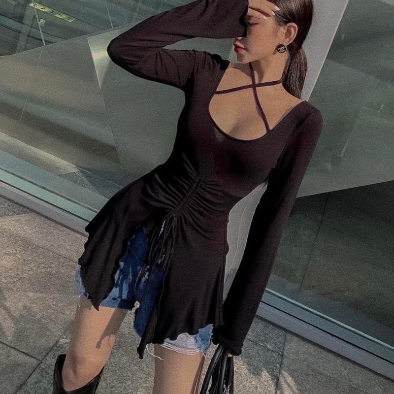 Áo thun đuôi cá rút dây body nữ rút eo kiểu tay loe dây chéo cổ chất thun gân