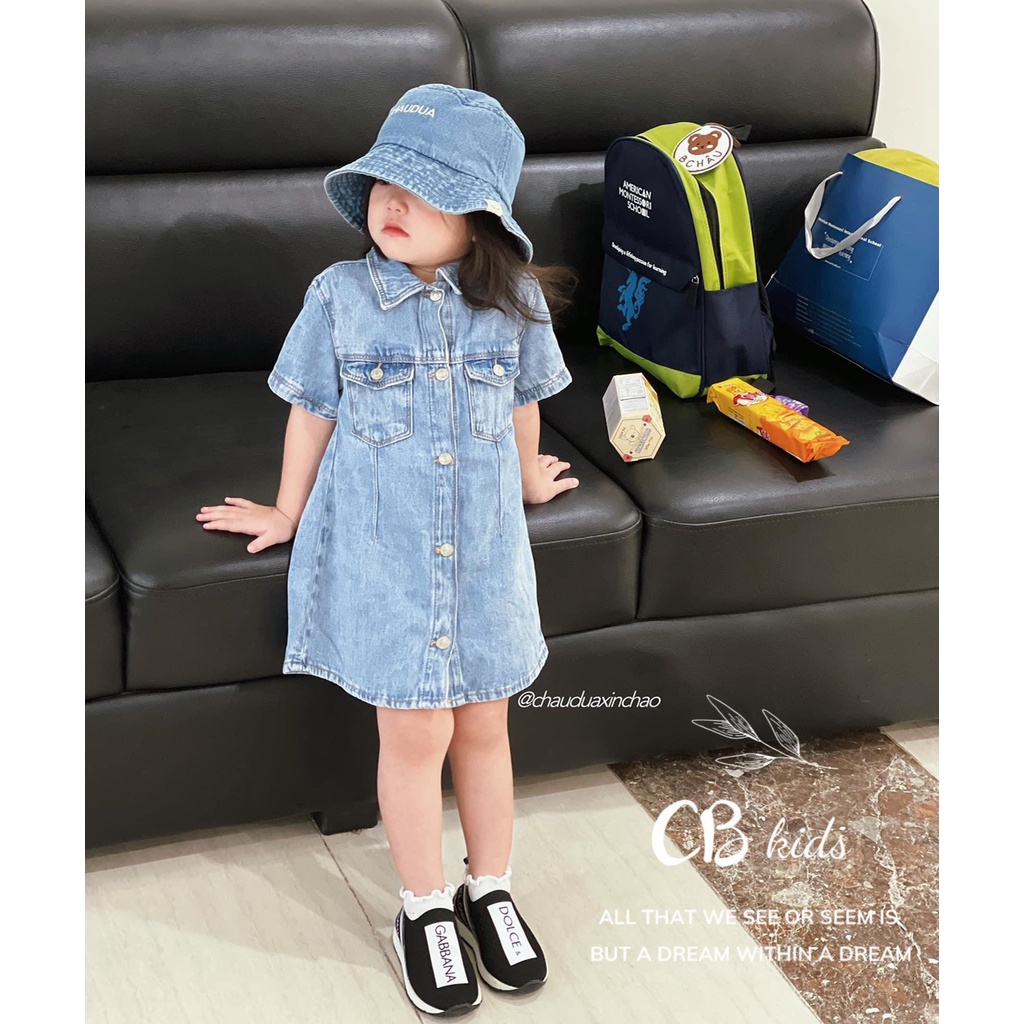 Váy cho bé gái, set váy sơ mi Jean cộc tay TẶNG MŨ BUCKET thêu chữ siêu xinh cho bé