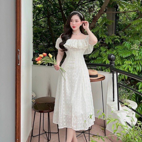 Đầm trễ vai dáng dài, váy trễ vai đi biển, đi tiệc Chất liệu voan tơ hạt
