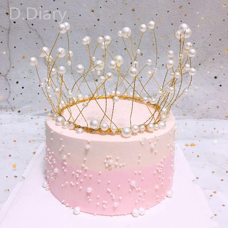 Phụ Kiện Trang Trí Bánh Kem Hình Vương Miện Công Chúa Bằng Kim Loại Đính Ngọc Trai Giả dreamdiary