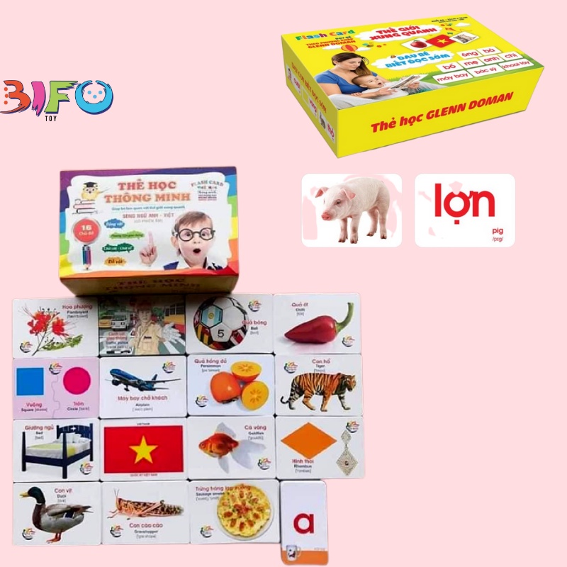 Bộ thẻ học thông minh flashcard song ngữ Anh - Việt bản chuẩn 16 chủ đề và 14 chủ đề cỡ lớn A5 giúp bé phát triển tư duy