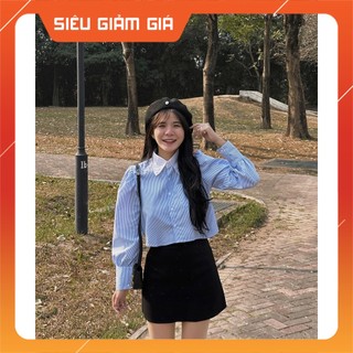 Áo sơ mi kẻ sọc dáng croptop dài tay phong cách hàn quốc ap075 - teen888