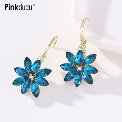 PINKDUDU Bông Tai Hình Cánh Hoa Đính Đá Pha Lê Màu Xanh Dương Thời Trang Cho Nữ PD800