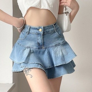 Chân váy nữ L66 2 tầng xếp ly xoè lưng cao chất jeans mềm V13