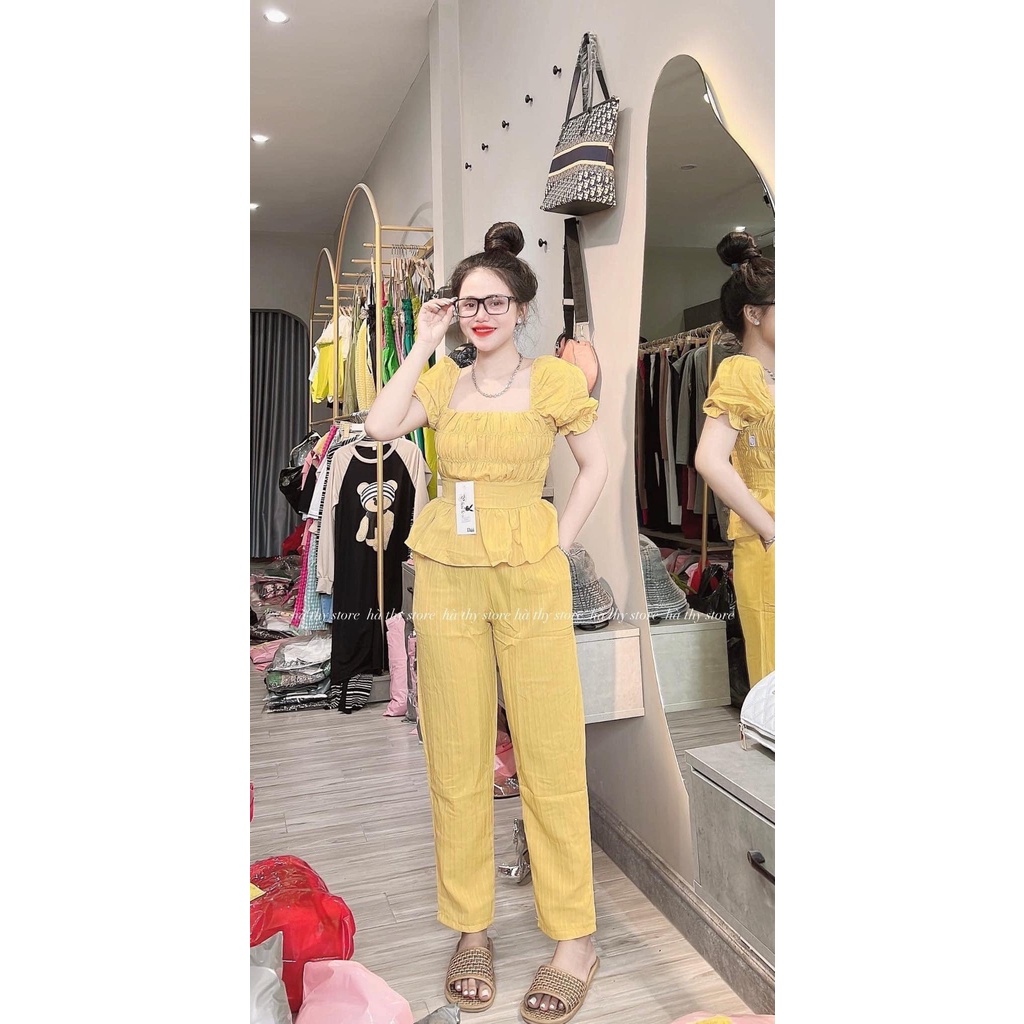 [3.3 Sales Freeship] Set bộ đũi áo cổ vuông nhún ngực tay phồng quần dài ống đứng, set đũi trơn nhiều màu trẻ trung mtb