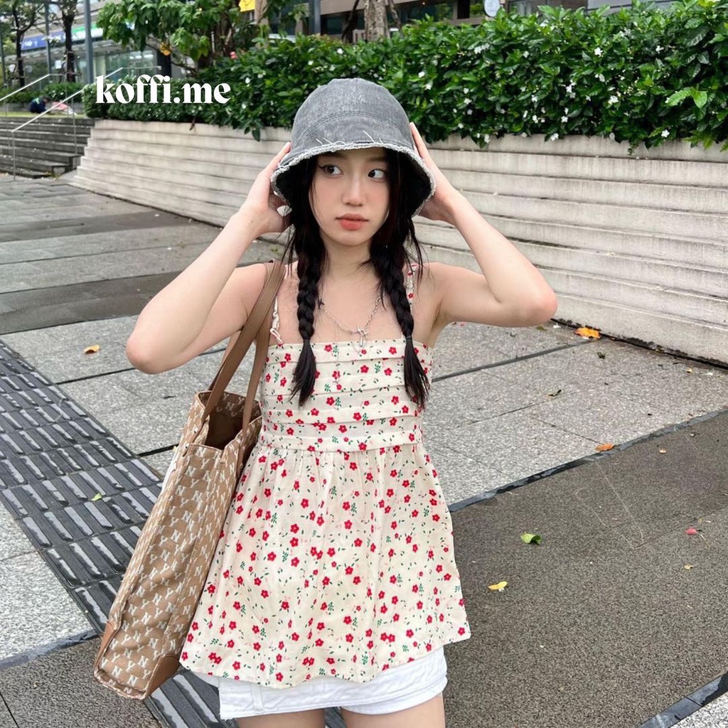 ✿ Dahlia Camisole ✿ - Áo hai dây xếp li hoa nhí đỏ đi biển đi chơi mỏng mát - Koffi.me