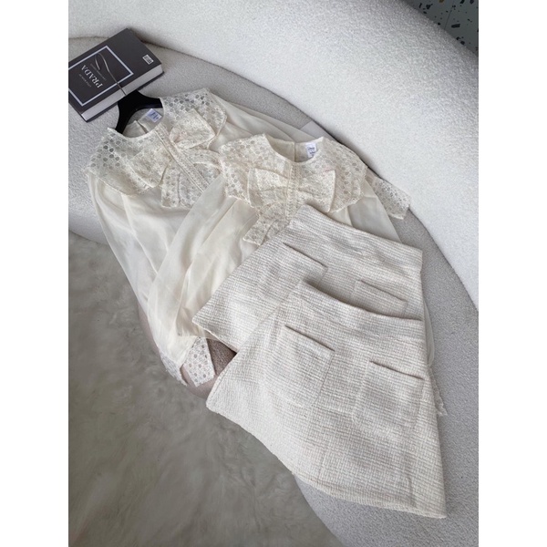 Đầm phối sơ mi tơ chạy ren cổ đức mix chân váy trắng