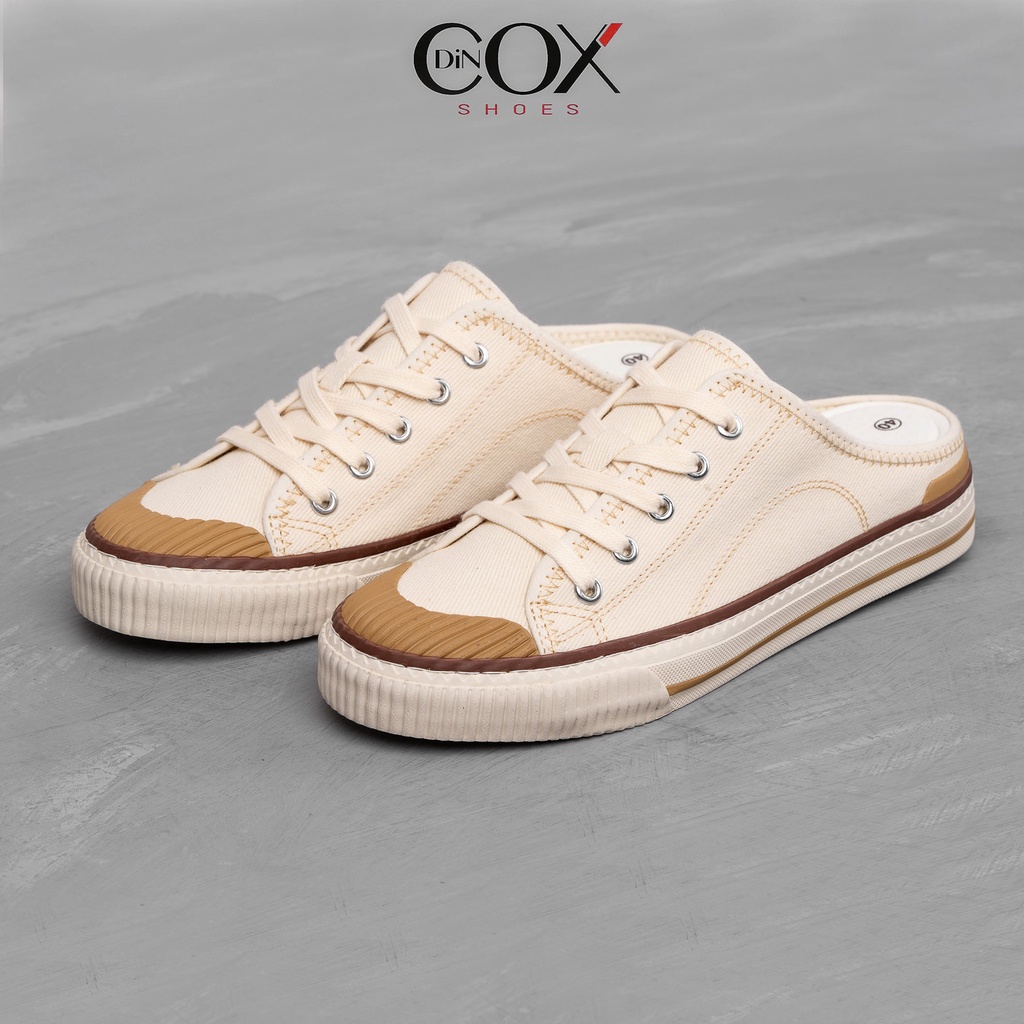 Giày Cặp Đôi Couple Nam Nữ Hở Gót Mules Canvas Trắng Ngà Viền Nâu DINCOX E10 WHITE Giày Sục Đạp Gót