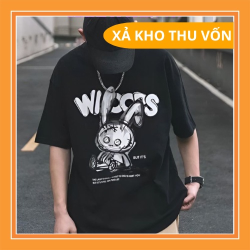 Áo thun phông logo tay nam nữ đen trắng hình thỏ rabit tay lỡ form rộng BUNNY WIOOPS Unisex 1986 Uni Shop